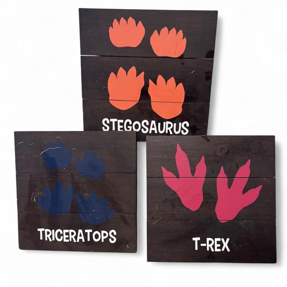 Set of 3 Dinosaur Tracks Wooden Wall Plaques T-Rex Triceratops Stegosaurus Decor